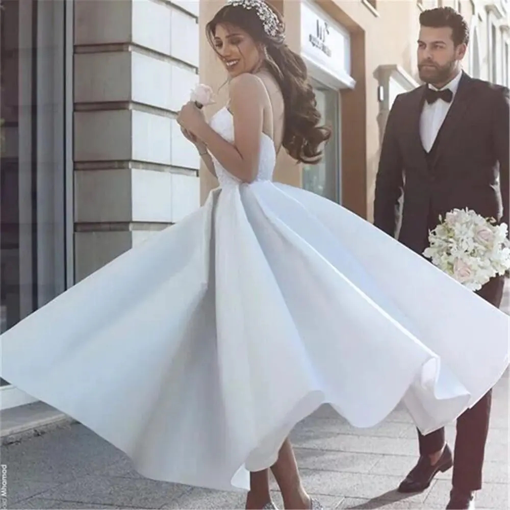 White Satin Tea Length Short Wedding Dresses 2024 Spaghetti Straps Backless Cheap Wedding Gowns Bride Dresses