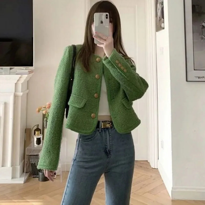 Women's Jackets MEXZT Vintage Short Tweed Jackets Women Korean Elegant Crop Blazer Coat Autumn Winter Single Breasted Casual Outerwear Tops 23091
