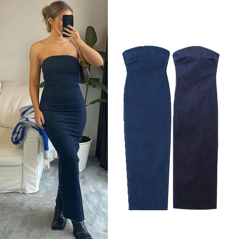 Basic Casual Dresses TRAF 2023 Women Tube Top Elastic Tight Dress Summer Backless Sexy Evening Denim Midi Party 230919