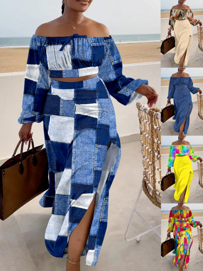 Two Piece Dress Autumn Elegant Two Piece Set Women Fashion Beach Style Print Slash Neck Top Split Skirt Two Piece Set Women 230918