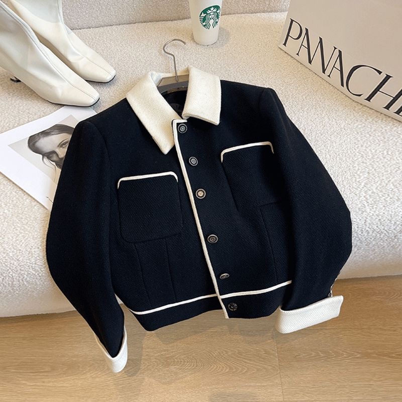Jacket Black and White Contrast Color Suit Women's Early Autumn New High-end Light Luxury Metal Breasted Versatile Jacket