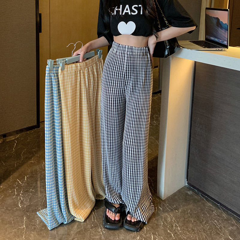 Women's Pants s Femme Fashion Printing Plaid High Waist Straight Women Clothing Allmatch Pleated Elastic Trousers Summer Casual Wide Leg 230919