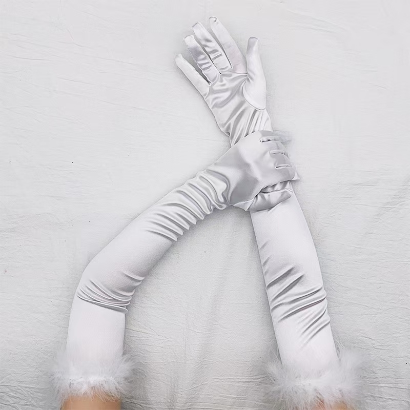 Five Fingers Gloves Sexy 53cm Elastic Full Finger Long Silk Satin Dance Party Cuff Feather Halloween Makeup Opera Stage Women s Mittens 230919
