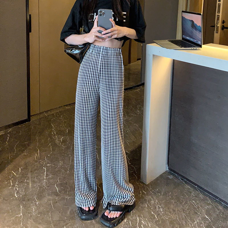 Women's Pants s Femme Fashion Printing Plaid High Waist Straight Women Clothing Allmatch Pleated Elastic Trousers Summer Casual Wide Leg 230919