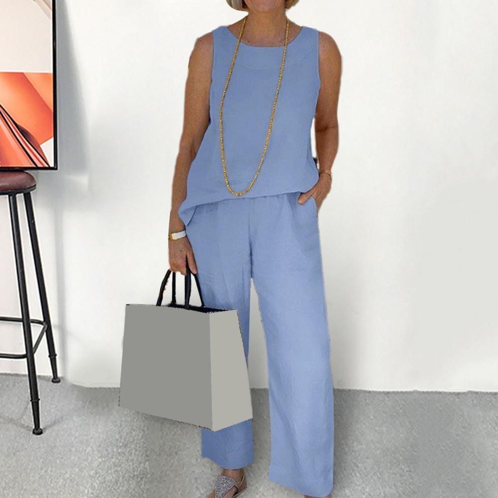 Women's Tracksuits Summer Cotton Linen Women's Tracksuit Suit O-neck Vest Wide-leg Loose Pants Set Female Casual Elegant Ladies 2 Piece Pend