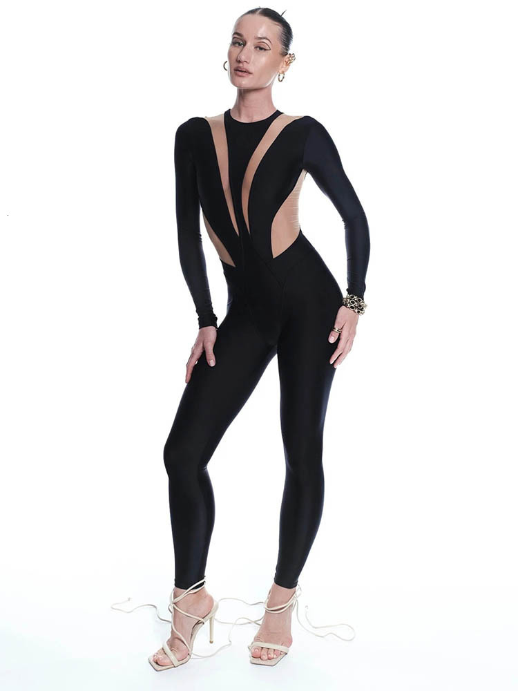 Women's Jumpsuits Rompers Huhugirl Sexy Mesh Patchwork Rompers Women Jumpsuits Fashion O neck Long Sleeve Skinny Black Jumpsuits Female Overalls 