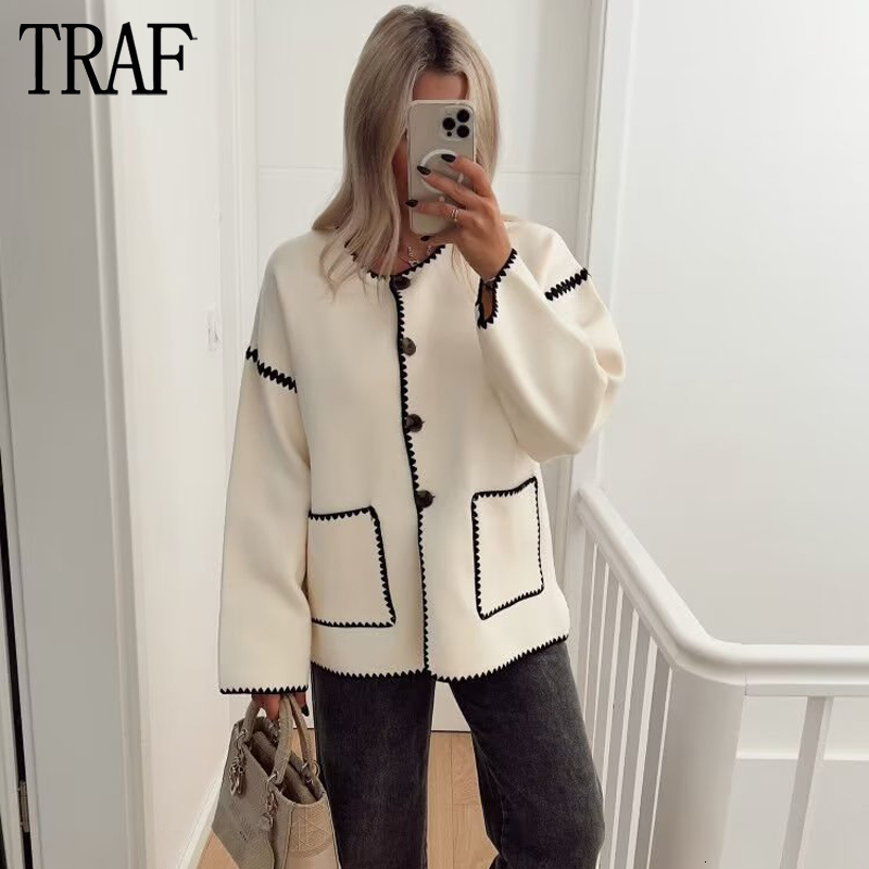 Women's Jackets TRAF White Tweed Jacket Women Contrast Coats Long Sleeve Casual Jackets for Women Autumn Streetwear Basic Jacket Woman 230919