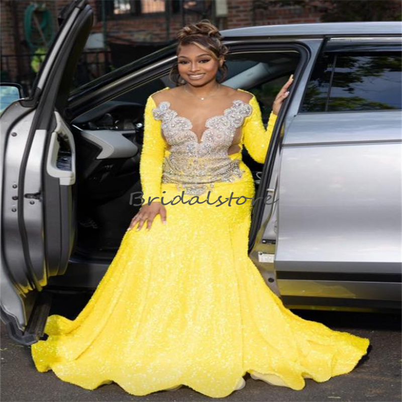 Luxury Yellow Mermaid Prom Dress With Beaded Crystal Long Sleeve Black Girls Evening Dress 2023 Plus Size Birthday Party Gowns Vestidos De Noche Robes