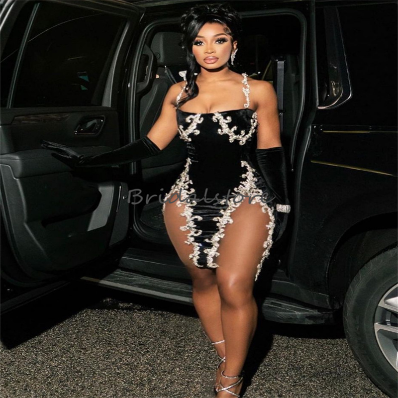 Sexy Black Prom Dress Mini Short Sheath Beaded Spaghetti Straps Evening Dress 2023 Formal Birthday Party Black Girls Cocktail Black Girls South Africa