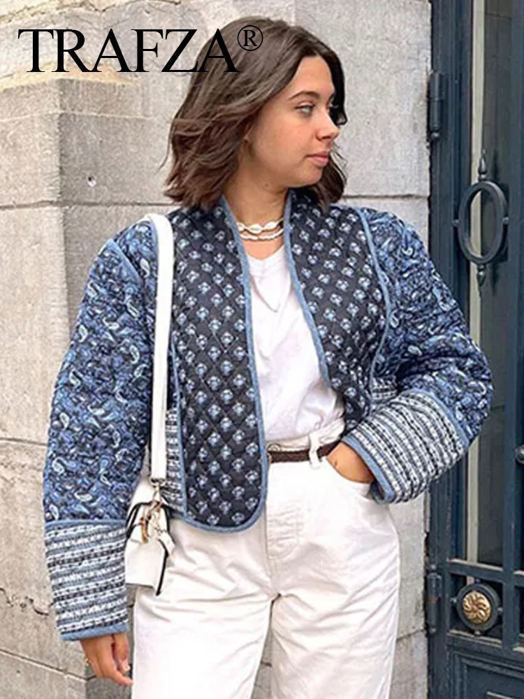 Women's Jacket's Wool Blends TRAFZA Jacket For Women Autumn Floral Print Quilted Reversible Cotton Coat Cardigan Long Sleeve Jackets Elegant