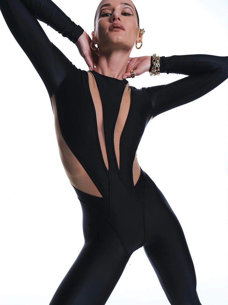 Women's Jumpsuits Rompers Huhugirl Sexy Mesh Patchwork Rompers Women Jumpsuits Fashion O neck Long Sleeve Skinny Black Jumpsuits Female Overalls 