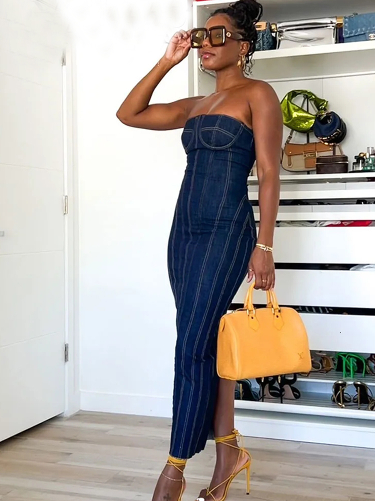 Basic Casual Dresses TRAF 2023 Women Tube Top Elastic Tight Dress Summer Backless Sexy Evening Denim Midi Party 230919