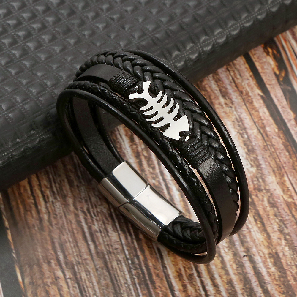 Popular Men Style Multi Layered Leather Fish Charm Bracelet Stainless Steel Buckle Bangle for Gift