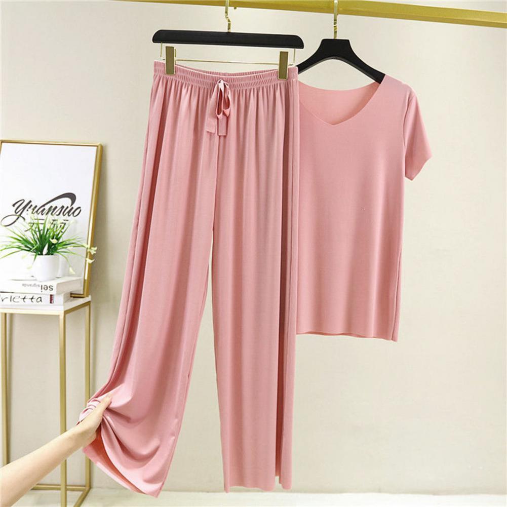Women's Tracksuits Casual Tracksuit Women Solid Color Short Sleeve Loose Pajama Shirts Elastic Waist Wide Leg Pants Home Wear Female 230919