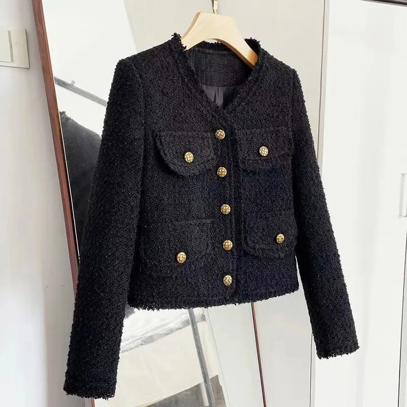 Women's Wool Blends Black Cropped Tweed Jackets Women Vintage Tassel Basic Short Coats Korean Elegant Single-Breasted Casual Outerwear Spring Aut