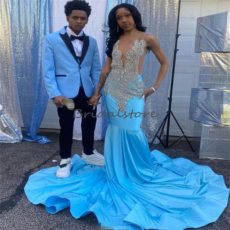 Beautiful Black Girls Blue Prom Dress 2024 Beaded Crystal Mermaid Evening Gowns Zipper Formal Occasion Dinner Party Gowns Women Vestidos De Noche Robe