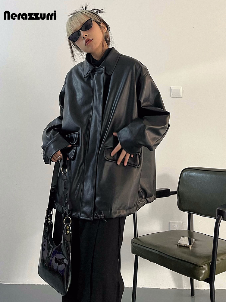 Black Faux Leather Jacket For Women - Oversized & Casual Spring/Autumn Zip-Up