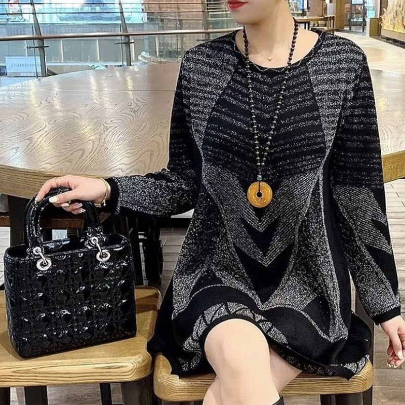 Women's Sweaters Casual Geometric Fashion Bright Silk Autumn Winter Long Sleeve Female Clothing Round Neck Korean Midi Knitted Jumpers 230918