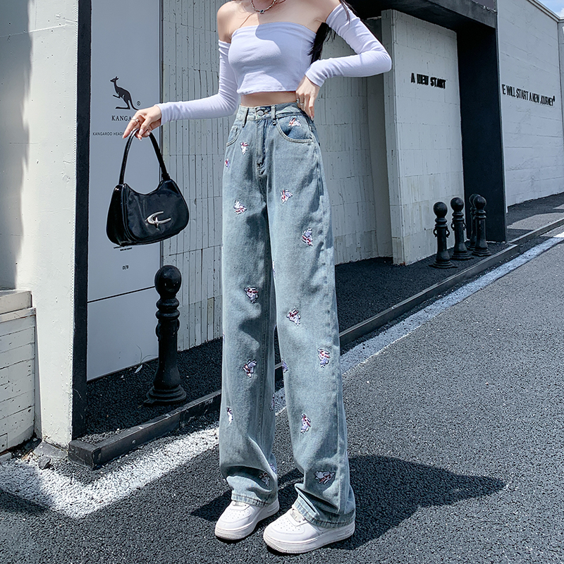 Women's Jean's Cartoon Rabbit Embroidery Blue Jeans Street Style Casual Denim Pants Female High Waist Straight Wide Legs Trousers 230918