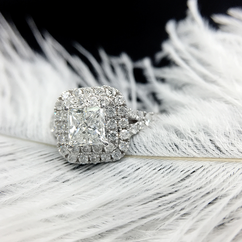 Wedding Solid 14K White Gold Princess Square Lab Diamond Ring Center 08ct D Engagement Halo for Women 230915