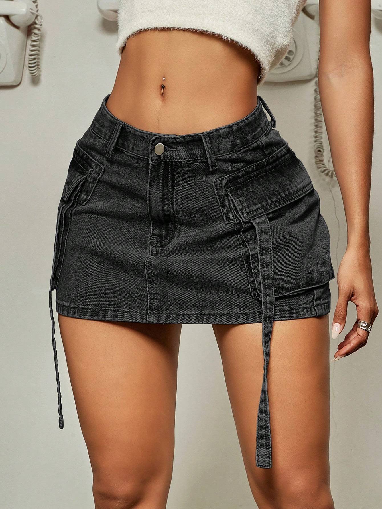 Skirts 2023 Trendy Street Tooling Style Flap Pocket Ribbon Details Slim Workwear Denim Mini Skirt High Clothing 230919