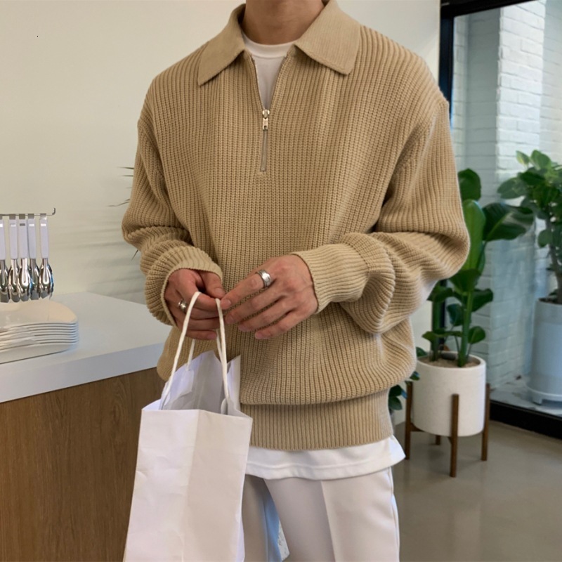 Men's Sweaters Autumn Lapel Sweater Men Warm Casual Knitted Pullovers Mens Korean Fashion Loose Zipper Long Sleeve Jumper Clothes 230918