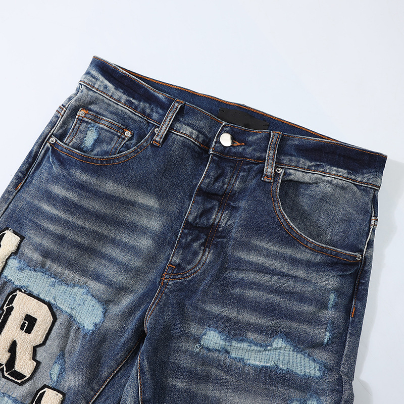 Men's Jeans High Street Jeans Men Broken Hole Patch Letter Embroidery Slim Fit Denim Pants