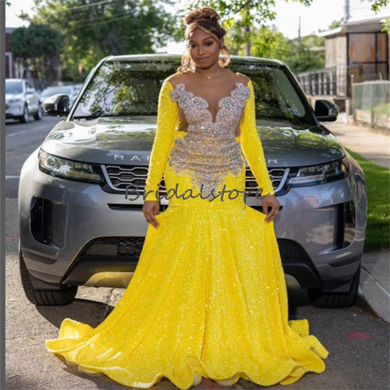 Luxury Yellow Mermaid Prom Dress With Beaded Crystal Long Sleeve Black Girls Evening Dress 2023 Plus Size Birthday Party Gowns Vestidos De Noche Robes