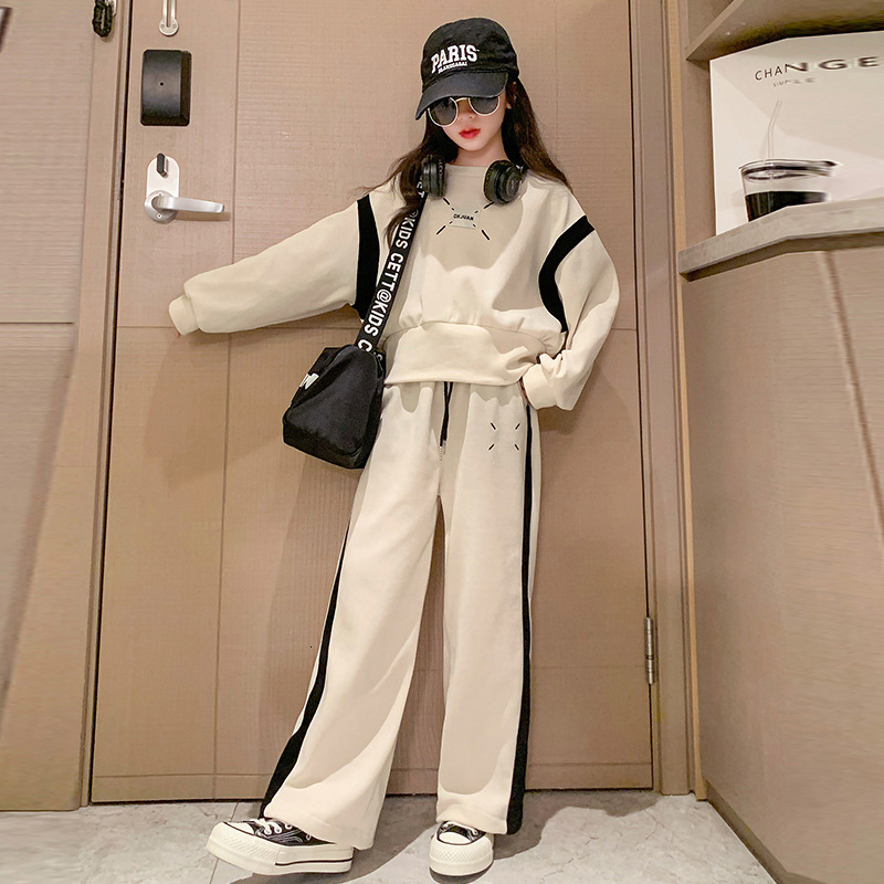Clothing Sets College Style Girls Autumn Suit Teen Clothes Set Korean Long Sleeve Printed Wide Leg Pants Outfit Children Loungewear 3-15Y 230918
