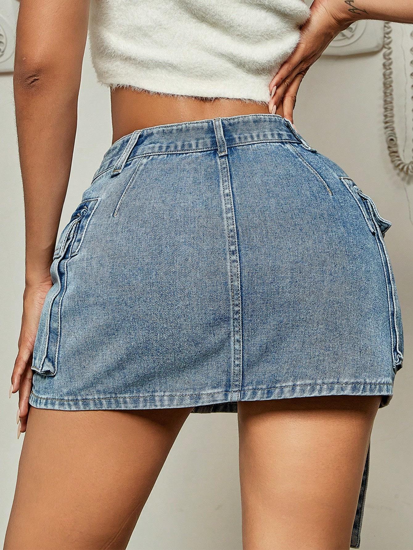 Skirts 2023 Trendy Street Tooling Style Flap Pocket Ribbon Details Slim Workwear Denim Mini Skirt High Clothing 230919