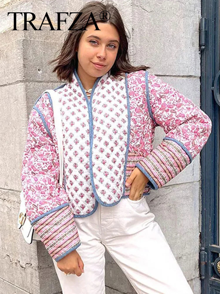 Women's Jacket's Wool Blends TRAFZA Jacket For Women Autumn Floral Print Quilted Reversible Cotton Coat Cardigan Long Sleeve Jackets Elegant