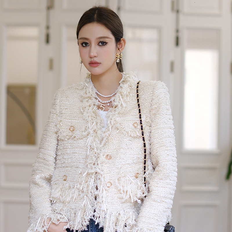 Women's Jackets Korean Fashion Beige Tweed Jackets Women Elegant Tassel Blend Wool Coat Female Autumn Single Breasted Outwear Office Lady 230919