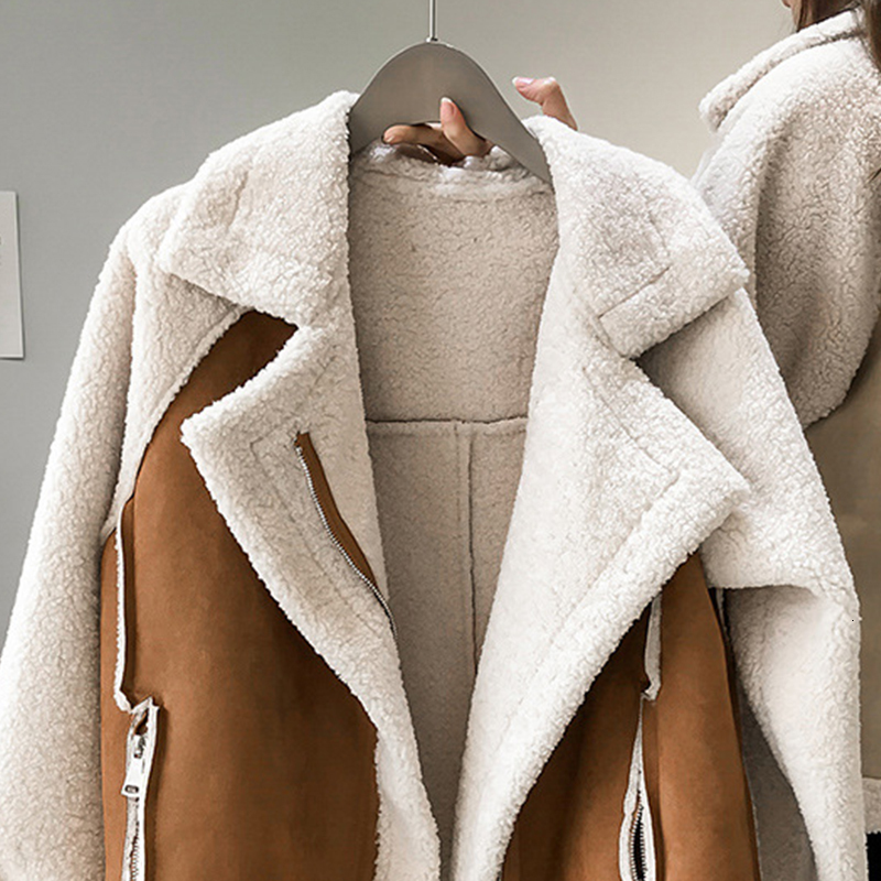 Women's Jackets Winter Loose Splice Contrast Biker Jacket Korean Brown Women Fleece Thicken Coat Vintage Large Size Casual Lapel Female Outwear 2
