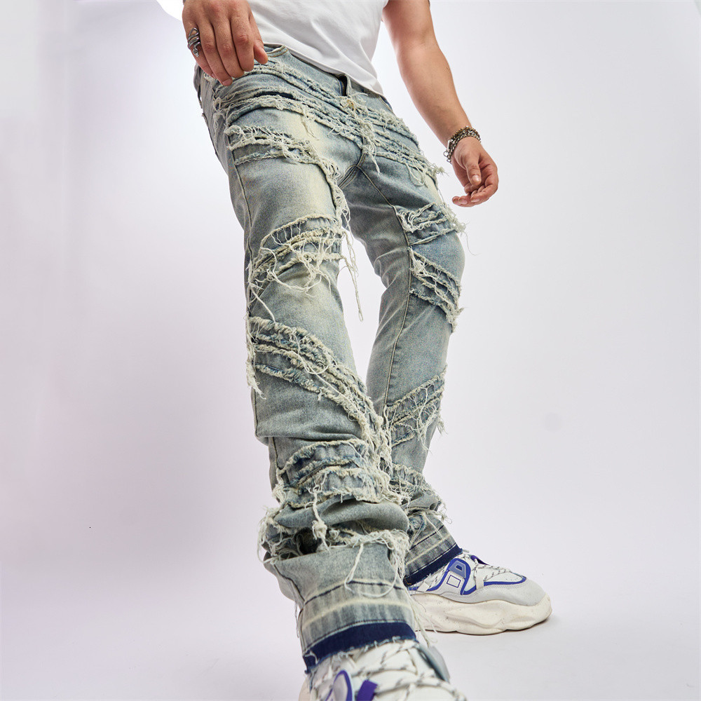 Men s Jeans Men Vintage Stylish Loose Ripped Patch Pants Streetwear Male Solid Casual Straight Denim Trousers 230919