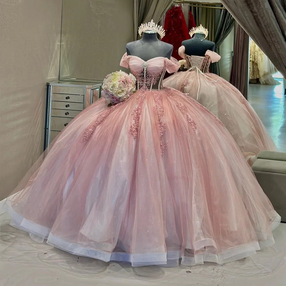 Blush Pink Off-Shoulder Quinceanera Dresses 2024 Boned Lace-Up Corset Glitter Applique Princess Sweet 15 Vestidos Debutante 0212D