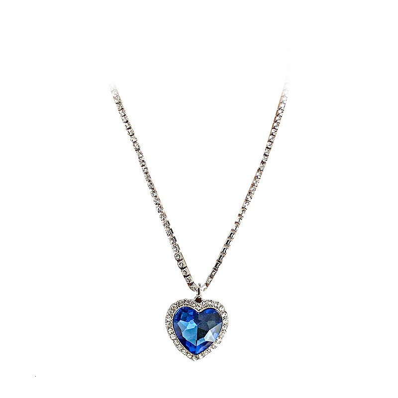 Charms Titanic Heart Of Ocean Blue Crystal Love Pendant Necklace for Women Full Rhinestone Chain Collar Lover Forever Jewelry 230915