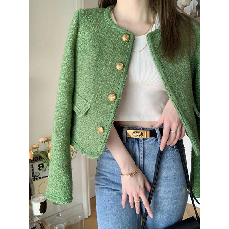 Women's Jackets MEXZT Vintage Short Tweed Jackets Women Korean Elegant Crop Blazer Coat Autumn Winter Single Breasted Casual Outerwear Tops 23091
