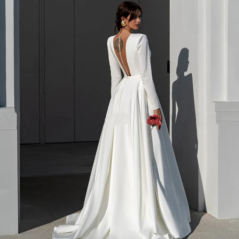 Simple Satin A Line Wedding Dresses for Brides Full Sleeve V Neck Bridal Gowns Sexy Vestidos De Novia Long Boho Beach Formal Dress Plus Size