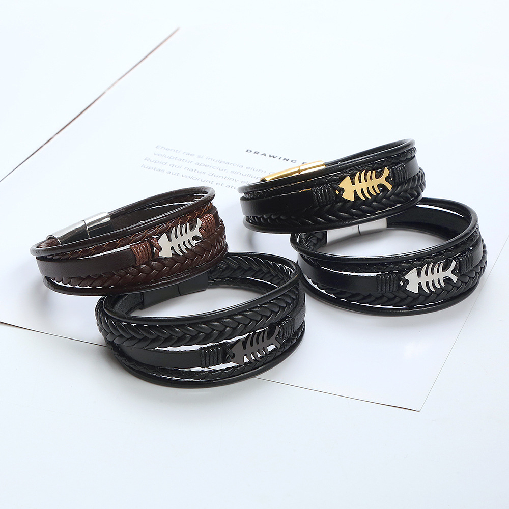 Popular Men Style Multi Layered Leather Fish Charm Bracelet Stainless Steel Buckle Bangle for Gift
