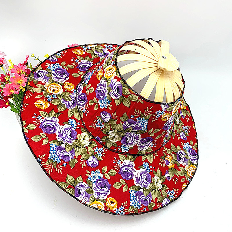 Berets Summer Folding Fan Cap Hand Held Fans Traveling Caps for Women Girl Cool Sun Hat Bamboo Dancing Floral Sunscreen 230919