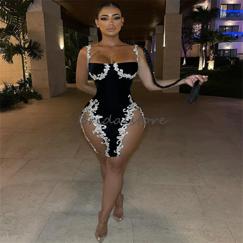 Sexy Black Prom Dress Mini Short Sheath Beaded Spaghetti Straps Evening Dress 2023 Formal Birthday Party Black Girls Cocktail Black Girls South Africa