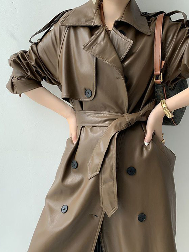 Women's Jackets Leather Jacket Women Autumn Winter Oversize Lapel Long Sleeve Street Female Coat Belt Double Breasted Loose PU Coats 230919