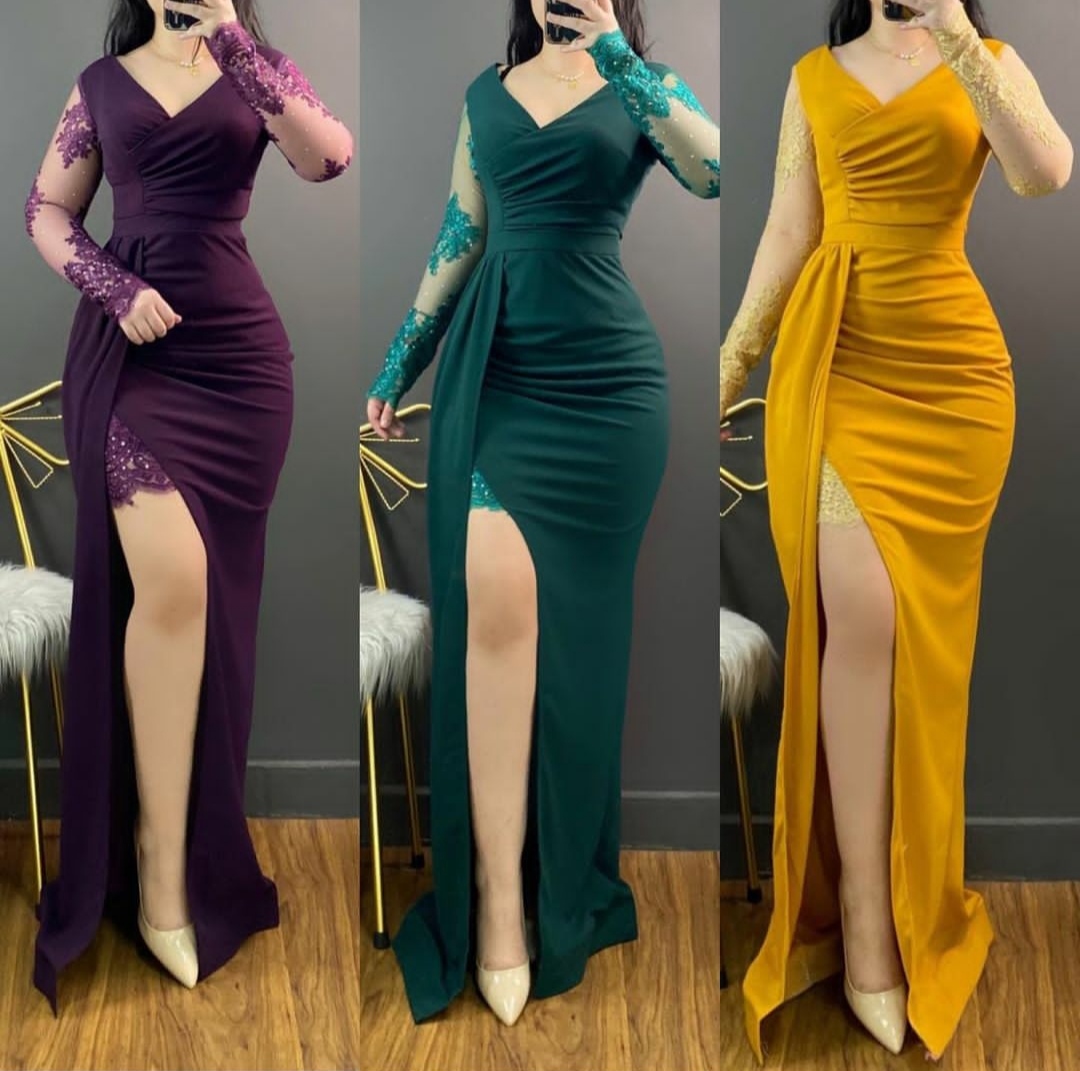 Elegant Long Sleeve Lace Royal Blue Prom Dresses With Slit Mermaid Crepe V-Neck Pleats Formal Party Evening Dress Robes de Soiree for Women