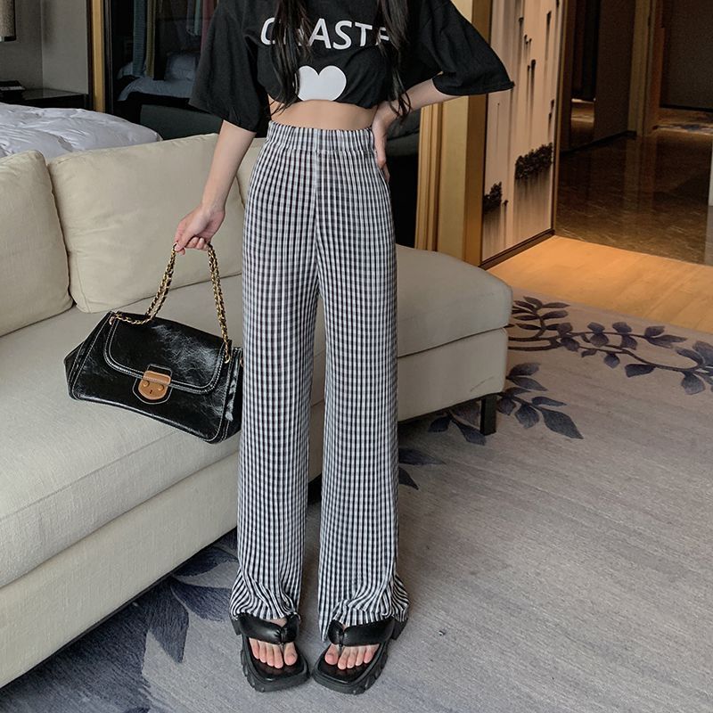 Women's Pants s Femme Fashion Printing Plaid High Waist Straight Women Clothing Allmatch Pleated Elastic Trousers Summer Casual Wide Leg 230919