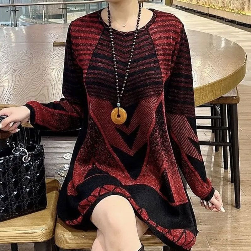 Women's Sweaters Casual Geometric Fashion Bright Silk Autumn Winter Long Sleeve Female Clothing Round Neck Korean Midi Knitted Jumpers 230918