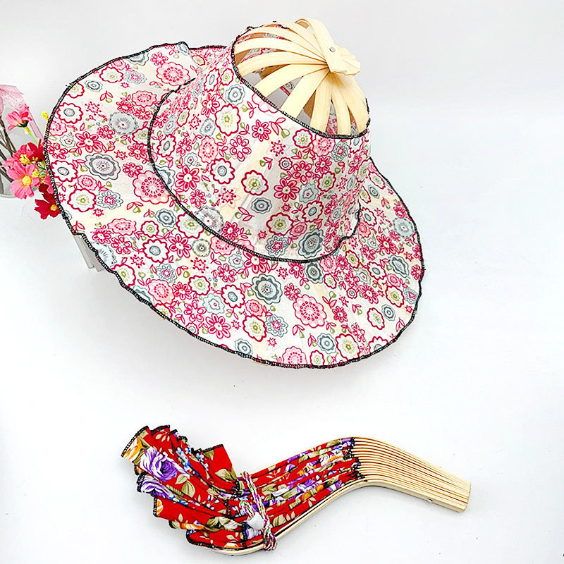 Berets Summer Folding Fan Cap Hand Held Fans Traveling Caps for Women Girl Cool Sun Hat Bamboo Dancing Floral Sunscreen 230919