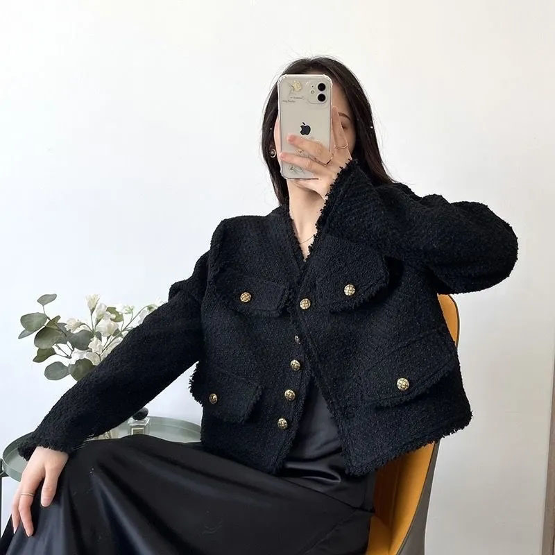 Women's Wool Blends Elegant Korean Black Plaid Tweed Jacket Women Fall Fashion Fringe Single Breasted V Neck Crop Coat All Match Office Lady Outw