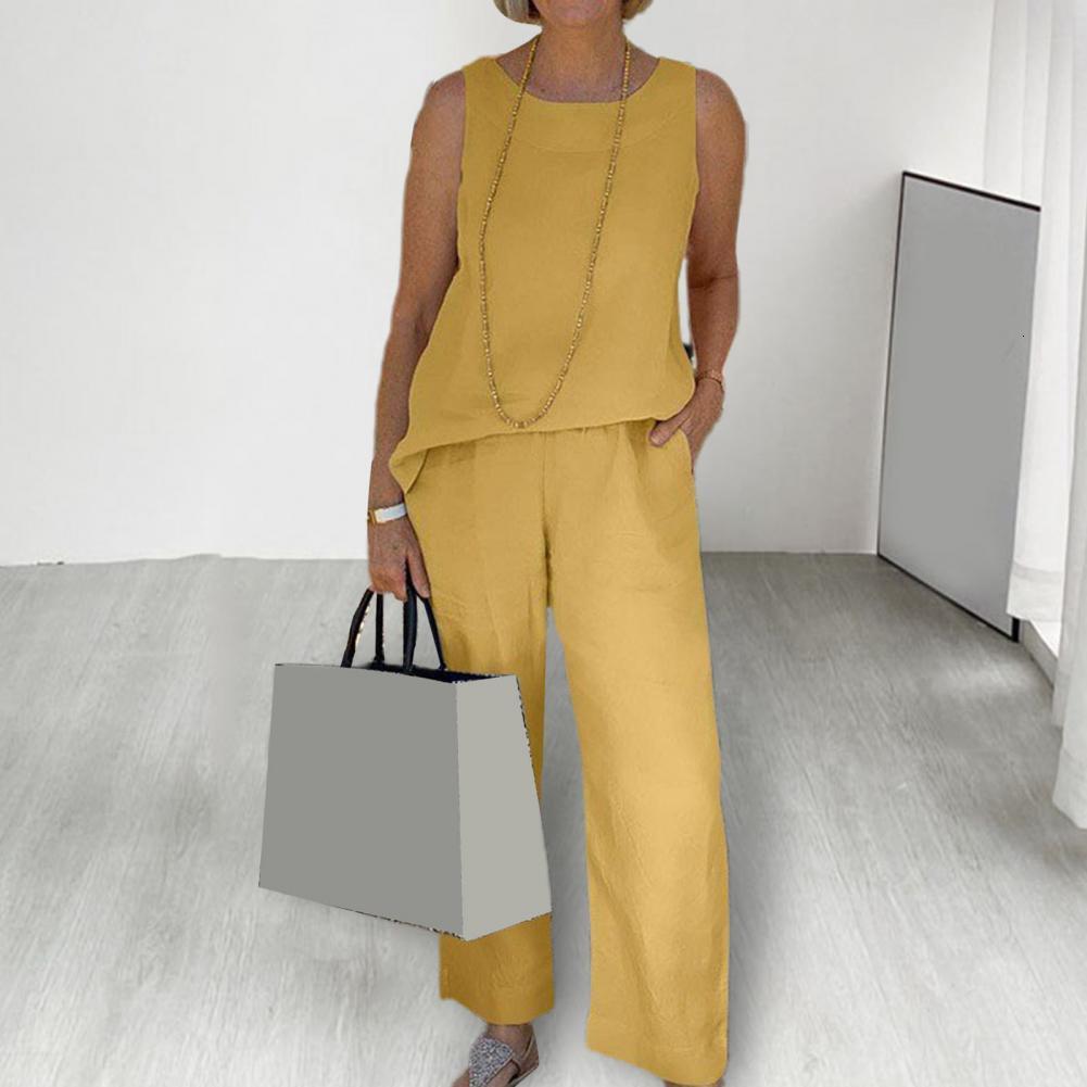 Women's Tracksuits Summer Cotton Linen Women's Tracksuit Suit O-neck Vest Wide-leg Loose Pants Set Female Casual Elegant Ladies 2 Piece Pend