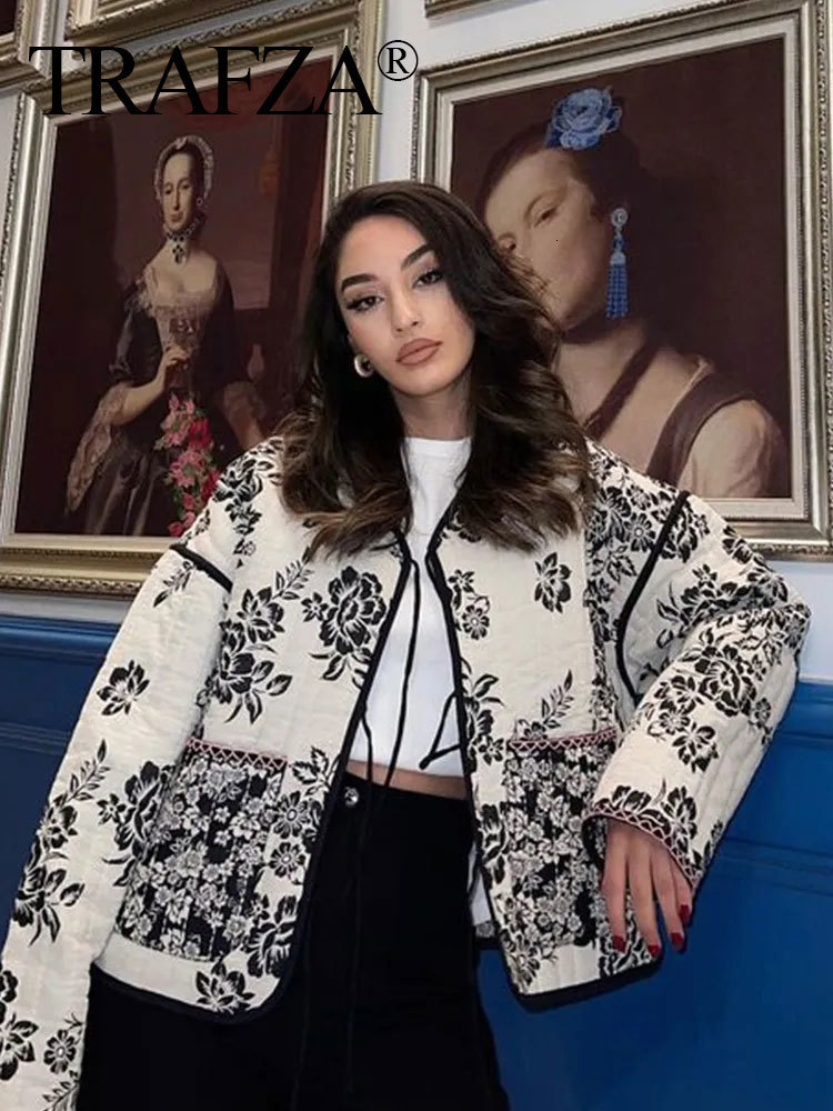 Women's Jacket's Wool Blends TRAFZA Jacket For Women Autumn Floral Print Quilted Reversible Cotton Coat Cardigan Long Sleeve Jackets Elegant