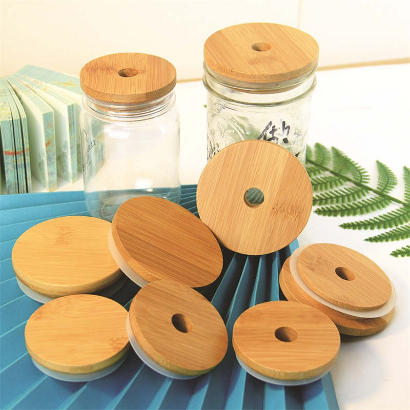 Bamboo Cap Lids 70mm 86mm Reusable Mason Jar Lids For Glass Straw Cups With Straw Hole and Silicone Seal ECO Friendly Bottle Caps Paint Mould Proof Le